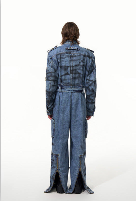 【25s Apr.】Dirty Dyed Washed Multi-pocket Zipper Denim Jumpsuit