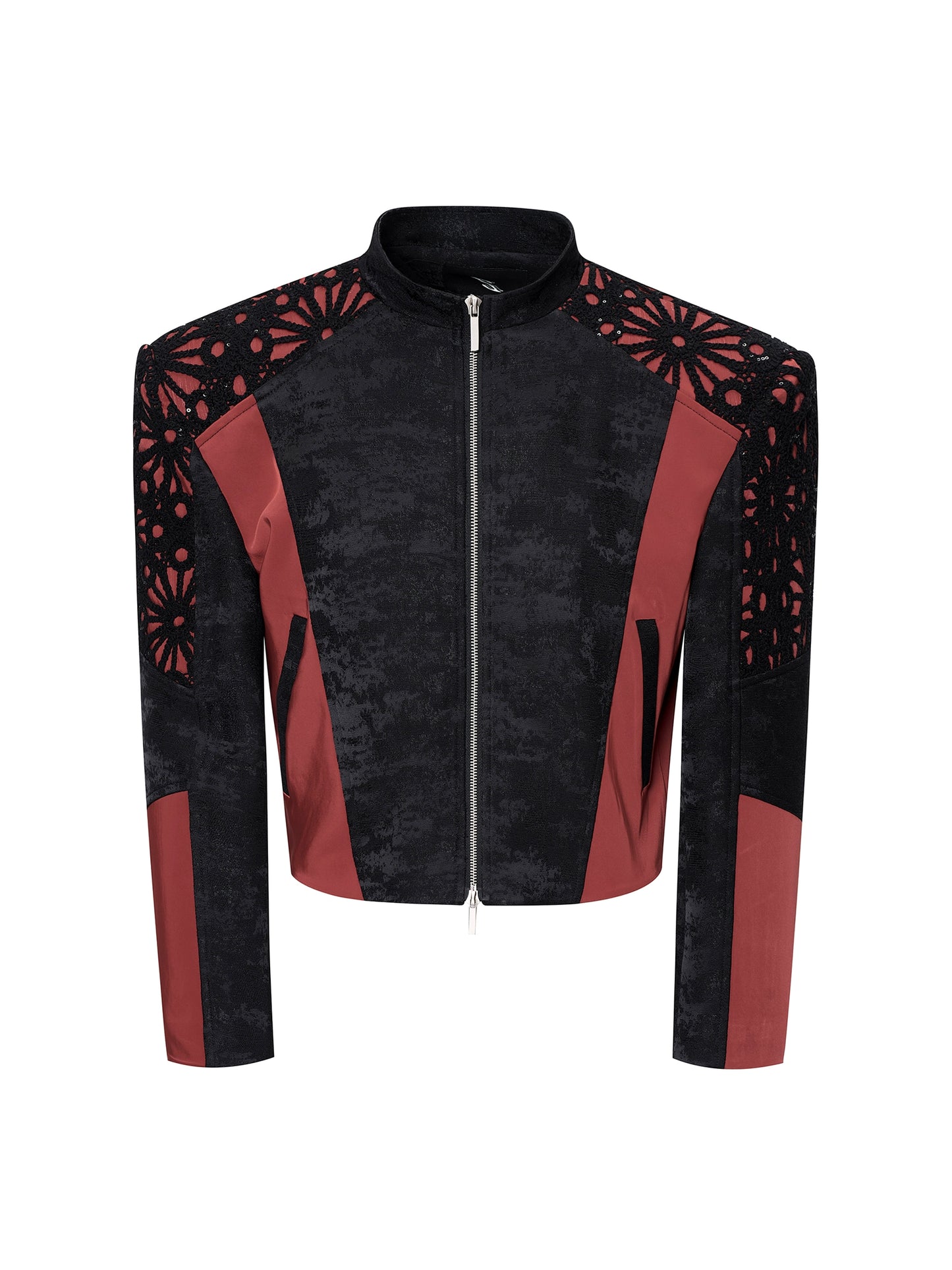 Floral Embroidered Cropped Leather Jacket