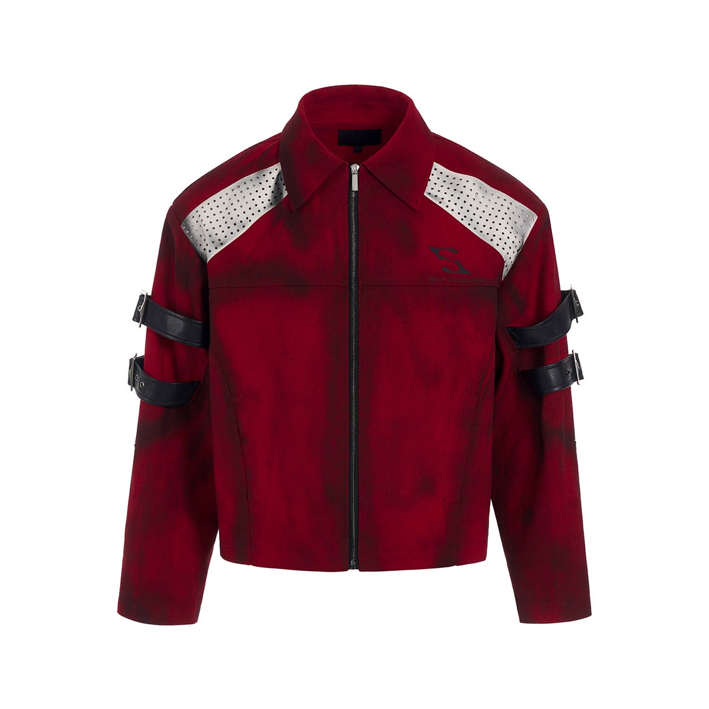 【25s Apr.】Dark Red Patchwork Leather Straps Dirty Dyed Denim Jacket+ Pants