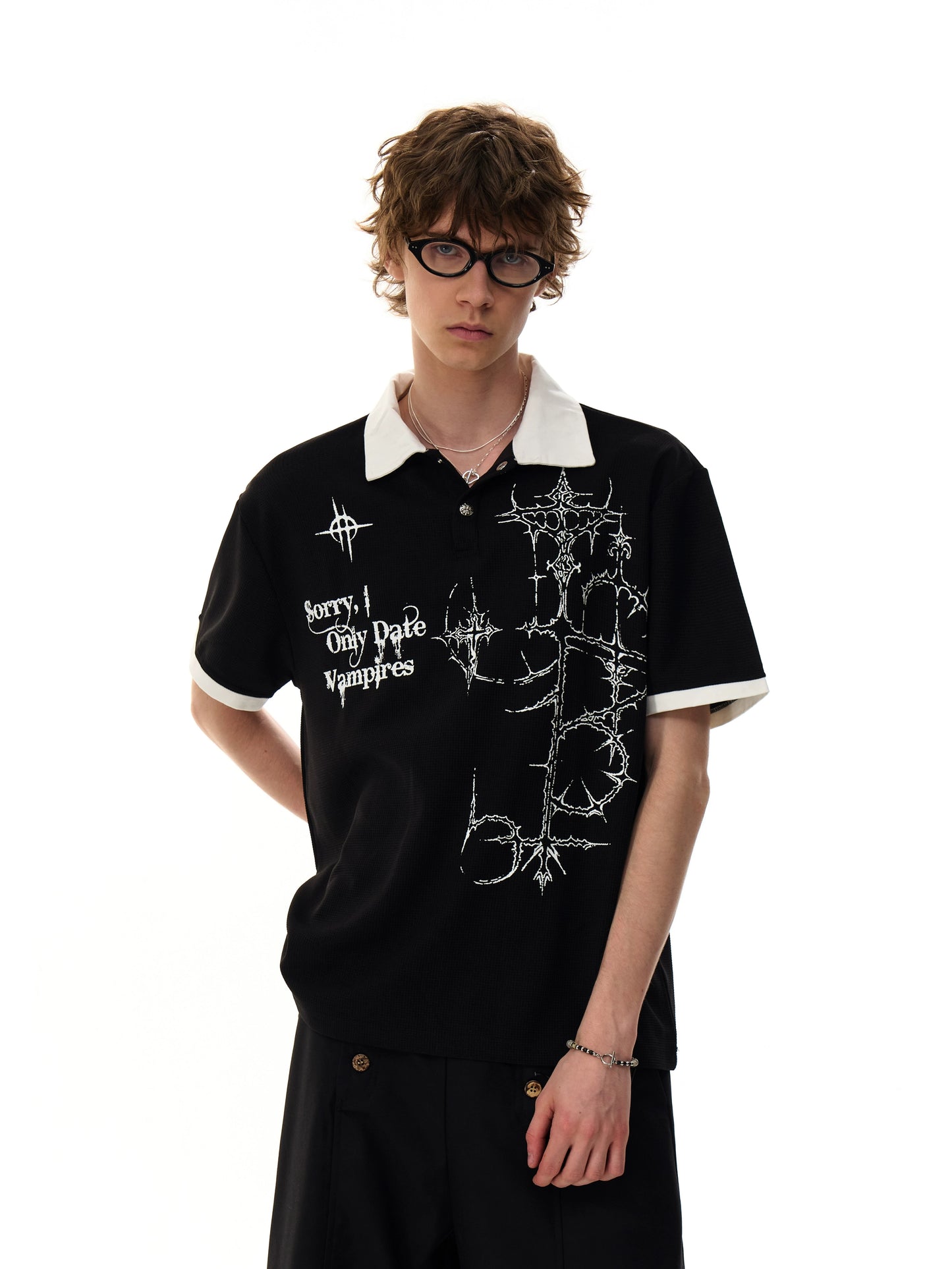 【25s Aug.】Gothic Print Polo Waffle Knit Short Sleeve