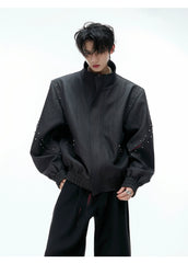 【25s Aug.】Deconstructed Colorblock Stand Collar Rivet Loose-Fit Jacket