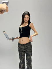 【25s Aug.】Heavy Duty Camouflage Distressed Low Waist Bootcut Jeans