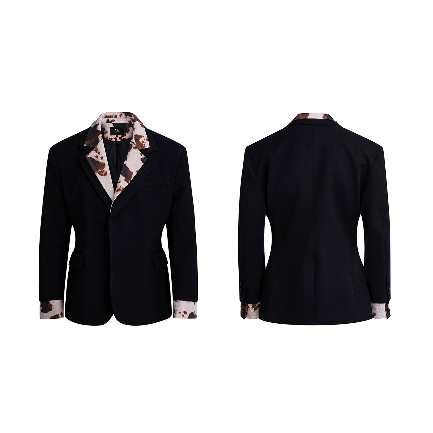 【25s Aug.】Structured Black Blazer with Cow Print Layer Detail