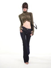 【26s Feb.】Army Green High-Neck Ruched Slim Cropped Top
