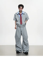 【25s Jul.】Stitching Contrast Color Hooded Short Sleeve Shirt / pants