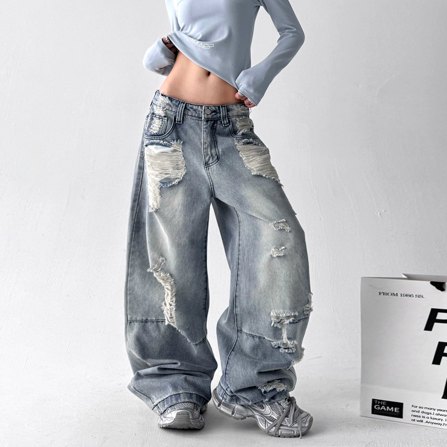 【25s Aug.】Vintage Blue Distressed Washed Loose Wide-Leg Jeans