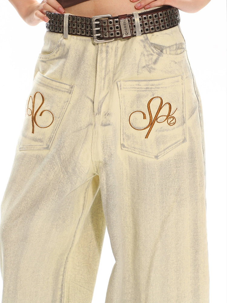 【25s May.】Grunge Wash Embroidered Wide Leg Jeans