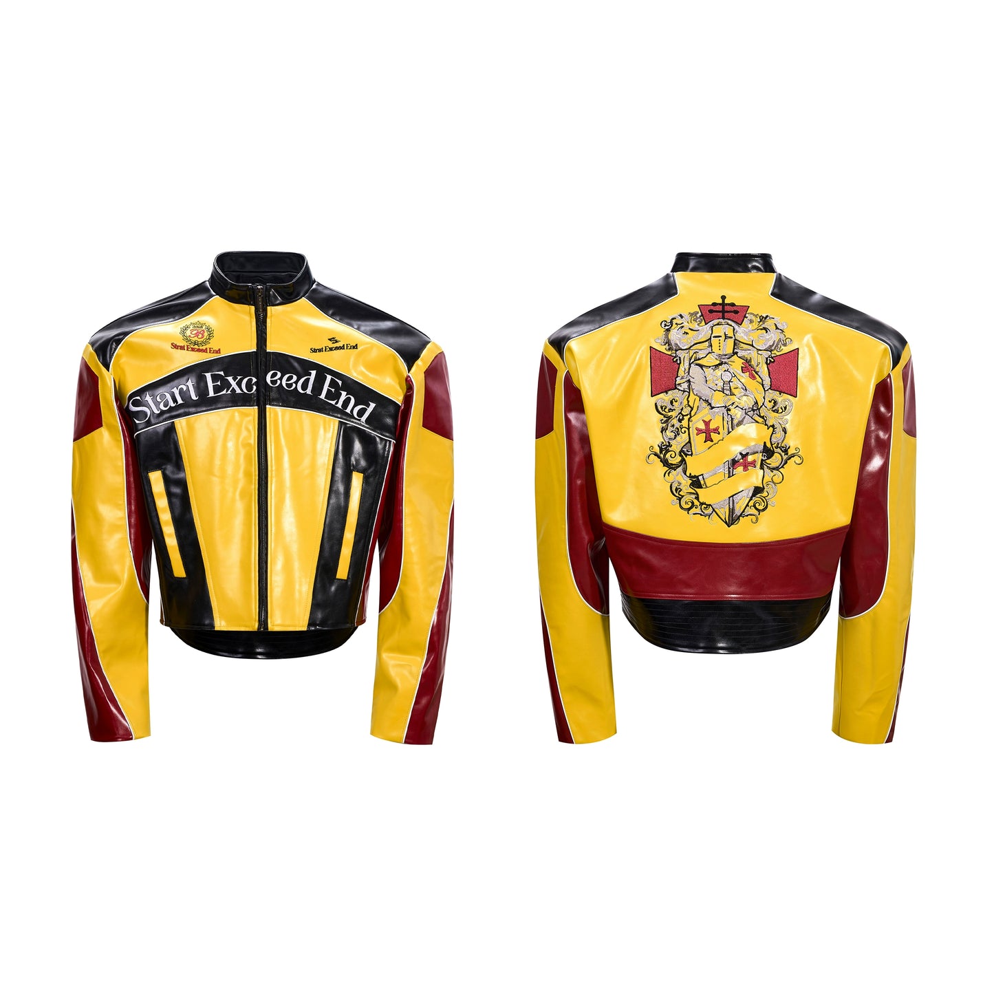 Contrast Embroidered Stand-up Collar Cropped Leather Jacket
