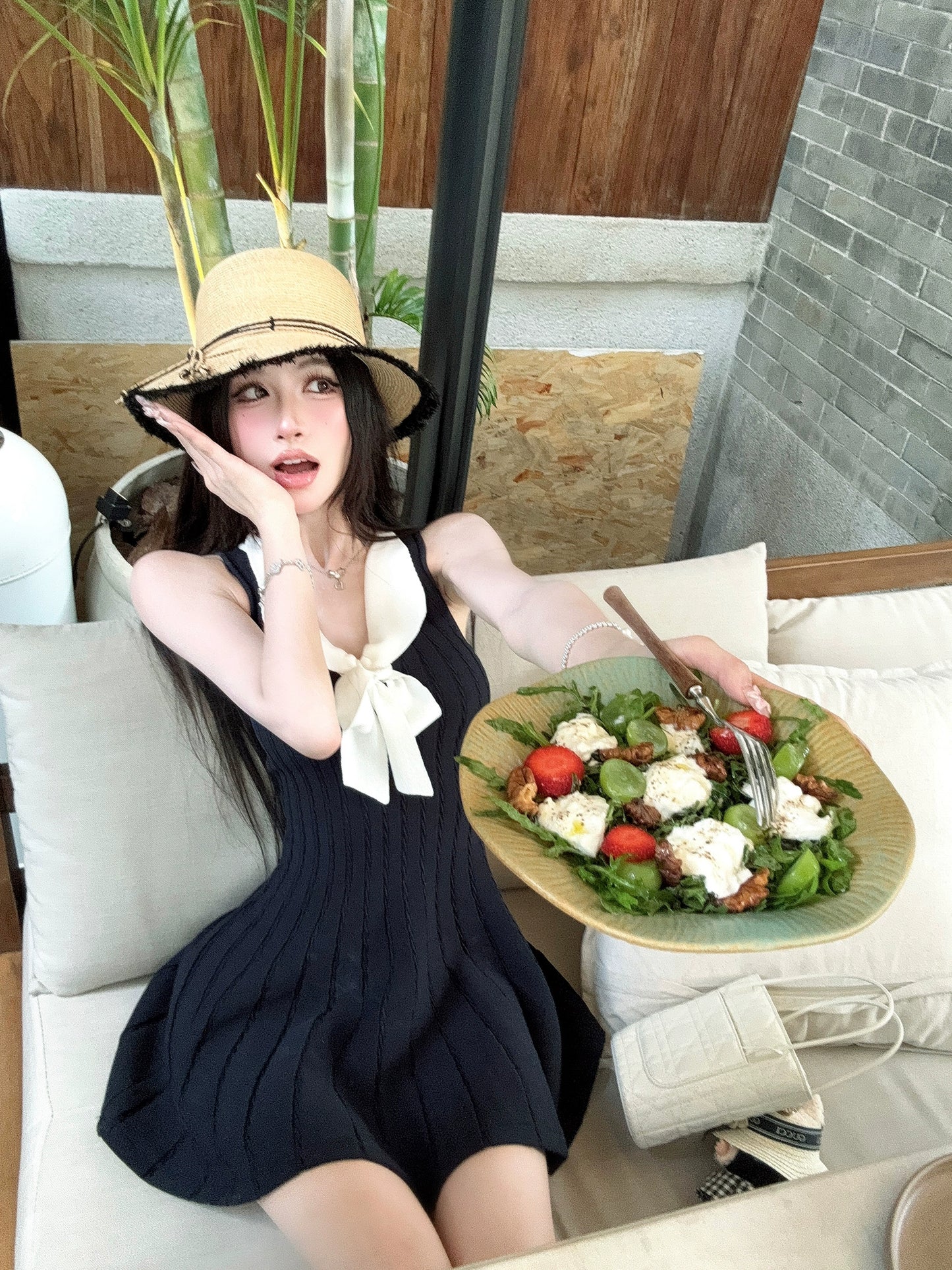 【25s Aug.】Sleeveless Knitted Dress with Waist Bow