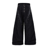 Studded Patchwork Washed Wide-Leg Denim Pants
