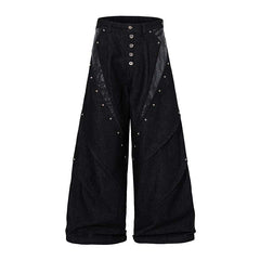 Studded Patchwork Washed Wide-Leg Denim Pants