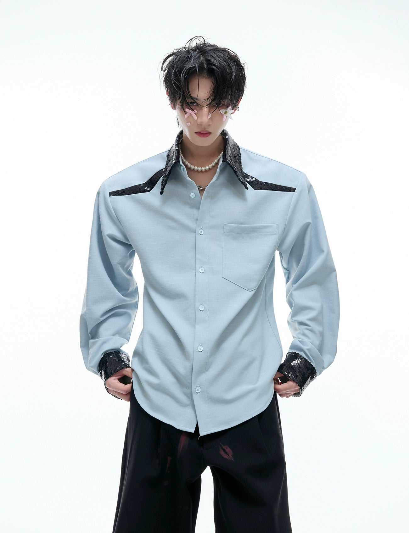 【25s Aug.】Sequined Contrast Lapel Shirt