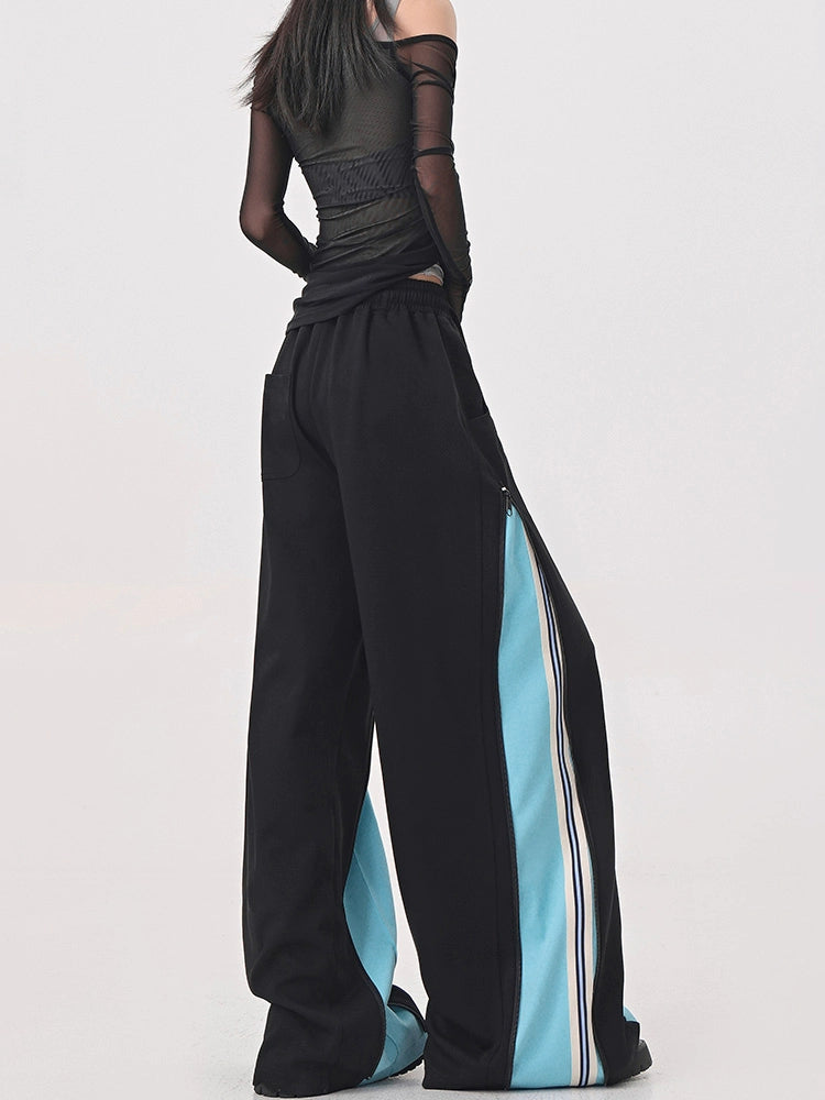 【25s Jul.】Blue Vintage Patchwork Sporty Wide-Leg Trousers