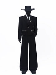 【26s May.】Cropped Metal Brooch Shoulder Blazer + Pants