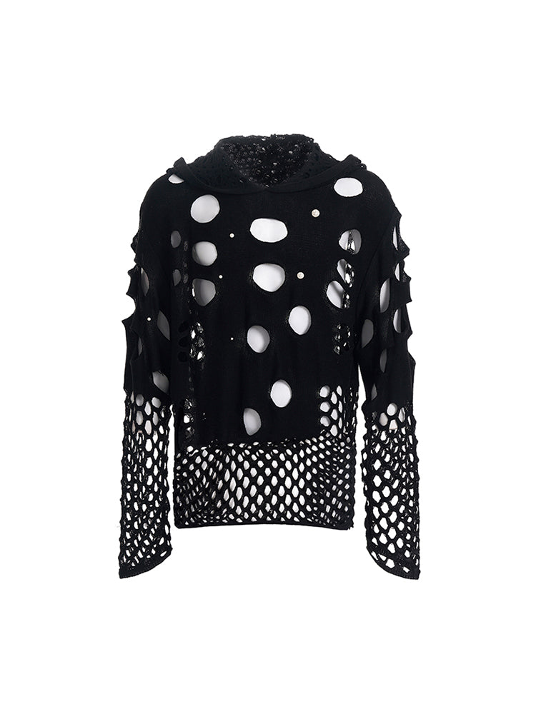 【25 Apr.】Hollow Pearl Embellished Hooded Sweater