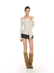 【26s Feb.】Ribbon Off-Shoulder Long-Sleeve Slim Fit Top