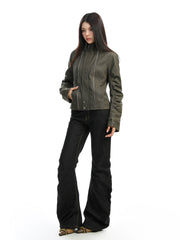 【25s Dec.】Washed Distressed Stand-up Collar Deconstructed Leather Jacket