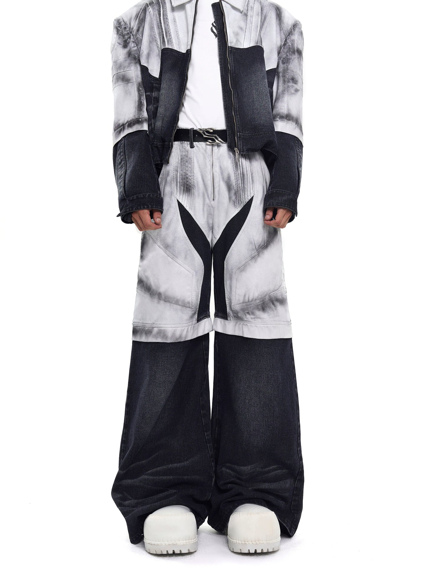 【25s Aug.】Patchwork Painted Dirty-Wash Wide-Leg Denim Pants Set