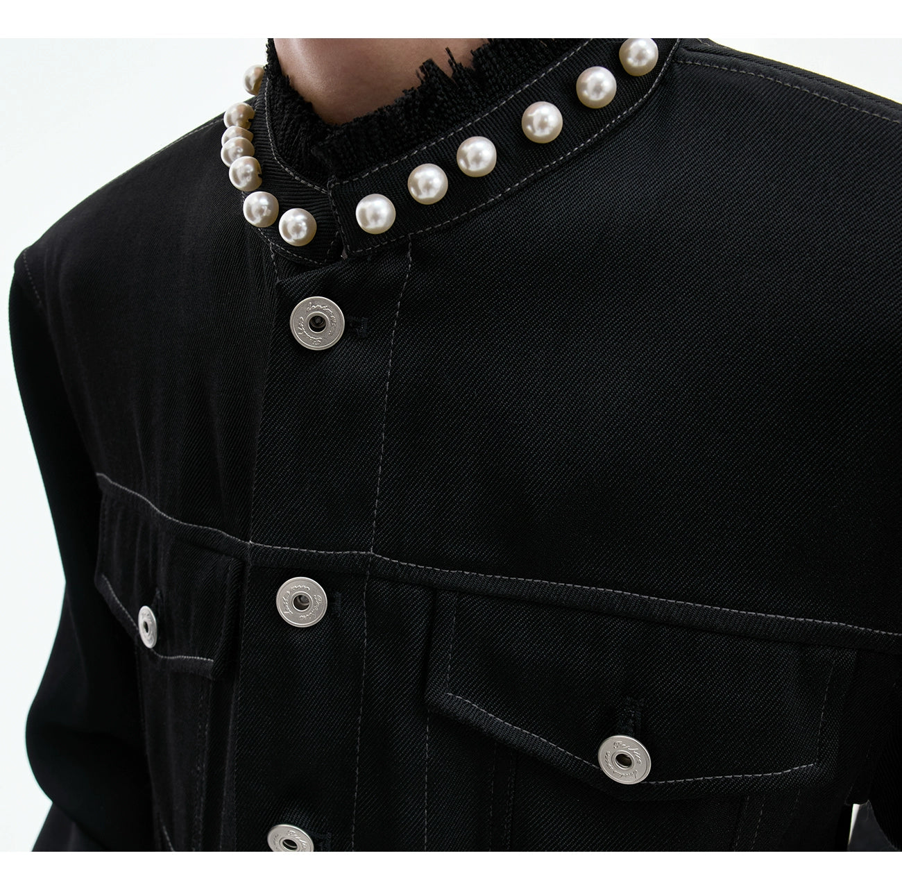 【25s Aug.】Pearl Embellishment Elegant Collarless Loose Denim Jacket / Jeans