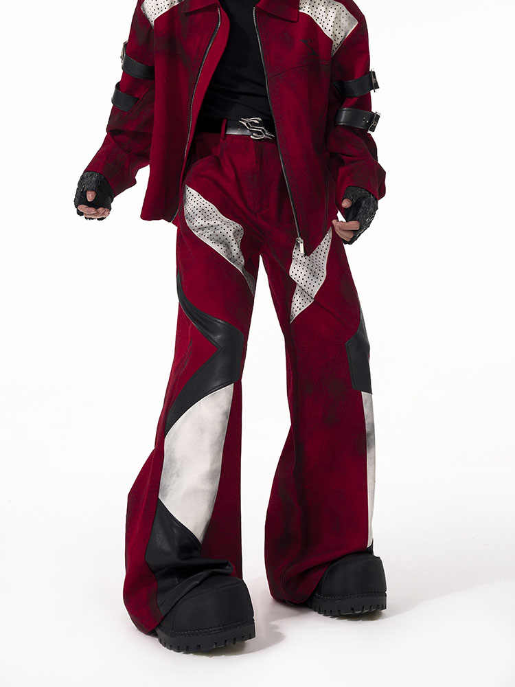 【25s Apr.】Dark Red Patchwork Leather Straps Dirty Dyed Denim Jacket+ Pants