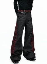 Black Red Raw Denim Embellished Jeans