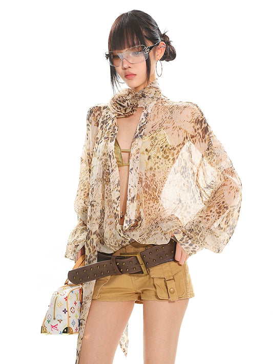 【25s Jul.】Leopard Print Ribbon Floral See-through Casual Shirt