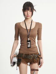 【25s Aug.】Black U-Neck Structured Shoulder Casual T-Shirt