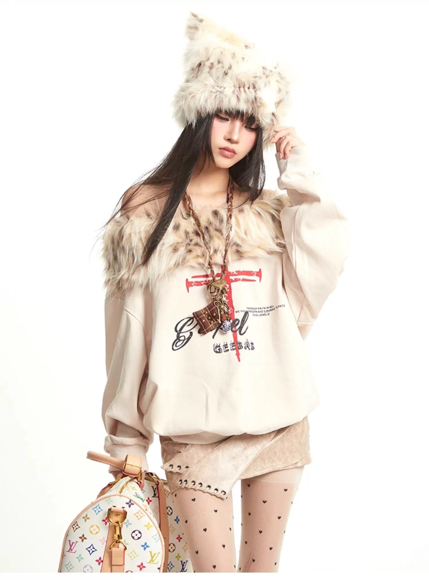 【25s Sep.】Vintage Off-the-shoulder Fur Collar Sweatshirt