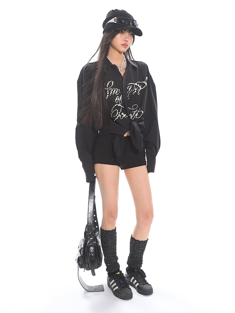 【25 Apr.】Heavy Industry Pearl Beading Lettering Loose Shirt