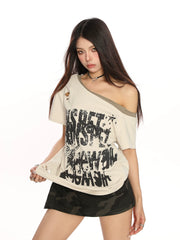【26s Jan.】Y2K Punk Graffiti One-Shoulder Tee