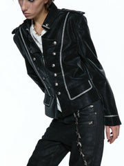 Silver Black Matte Leather Double-Breasted Structured Jacket