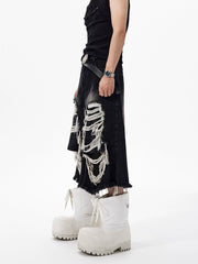 【25s Jul.】Distressed Patchwork Black Cropped Denim Pants