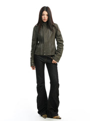【25s Dec.】Washed Distressed Stand-up Collar Deconstructed Leather Jacket