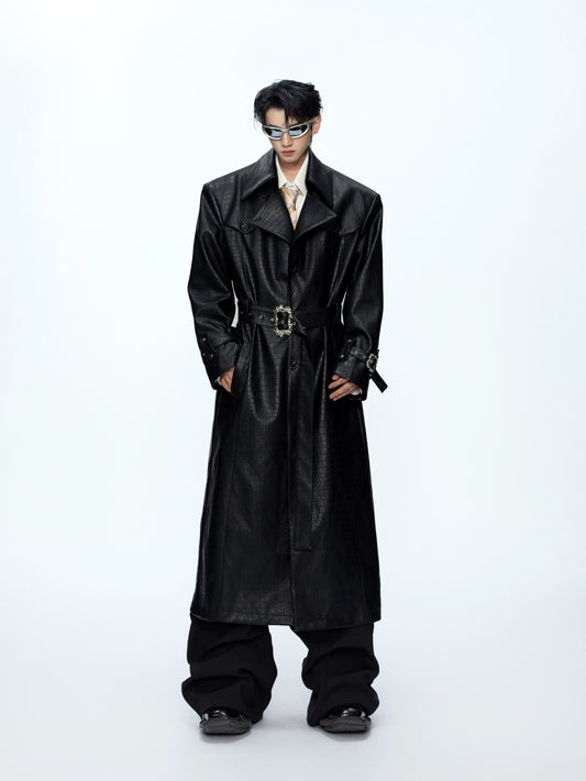 【25s Sep.】Deconstructed Crocodile-effect Metal Buttons Leather Coat
