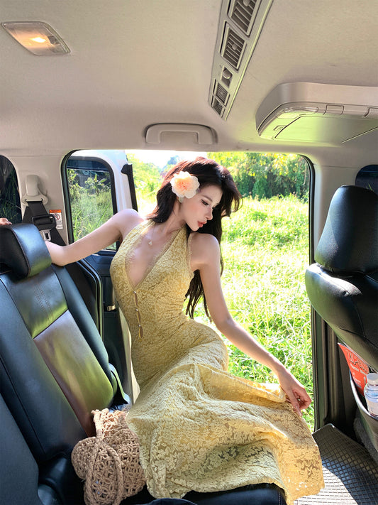 【25s Mar.】French V-Neck Backless Vacation Dress