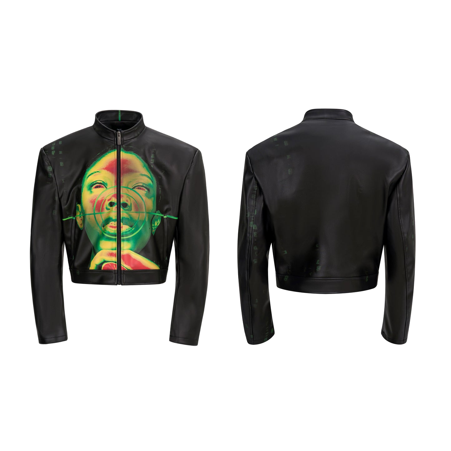【25s Oct.】Portrait Print Cropped Leather Jacket