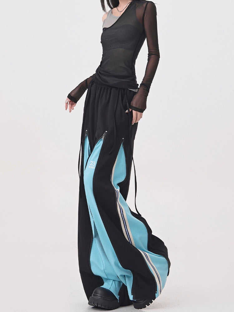 【25s Jul.】Blue Vintage Patchwork Sporty Wide-Leg Trousers