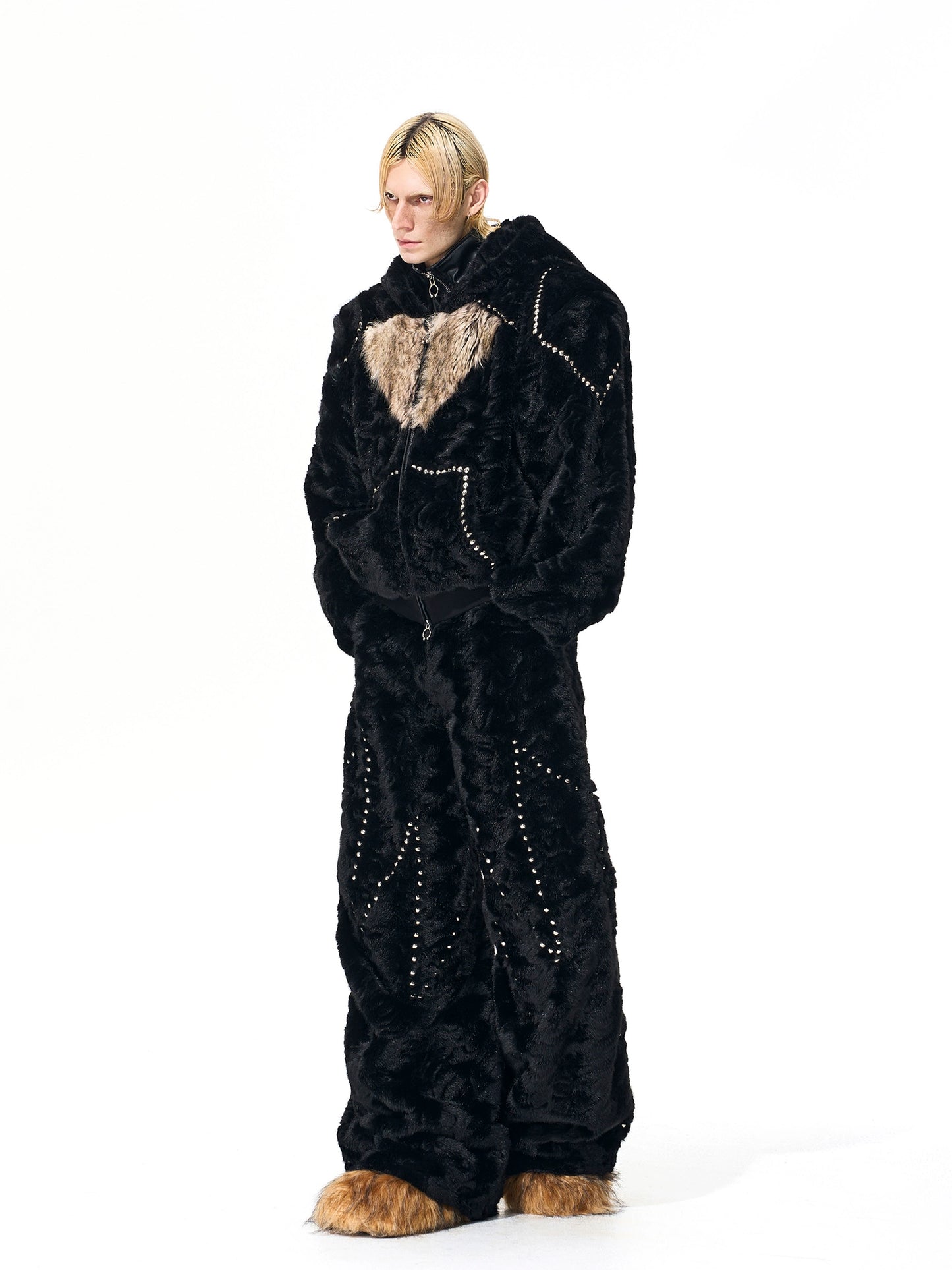 Contrast Color Heart Thickened Faux Mink Hooded Jacket / Pants