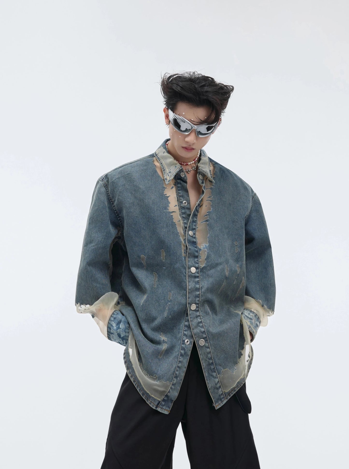 【24s April.】Mesh Hollow Design Denim Shirt ArtsKoreanMan