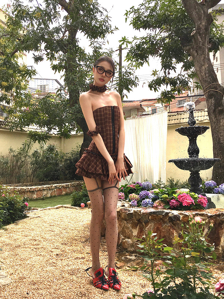 【25s Apr.】Off-Shoulder Plaid Corset Dress