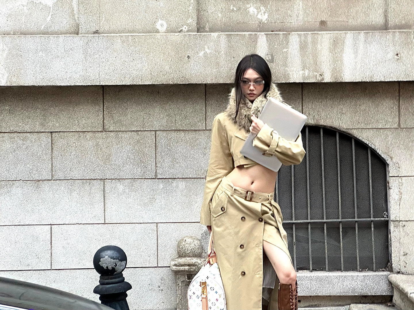 Elegant Khaki Short Trench Coat + Skirt Set