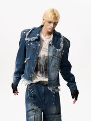 【25s Oct.】Distressed Raw-edge Metal Rivets Denim Jacket