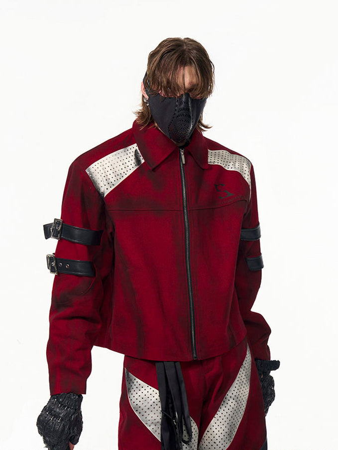 【25s Apr.】Dark Red Patchwork Leather Straps Dirty Dyed Denim Jacket+ Pants