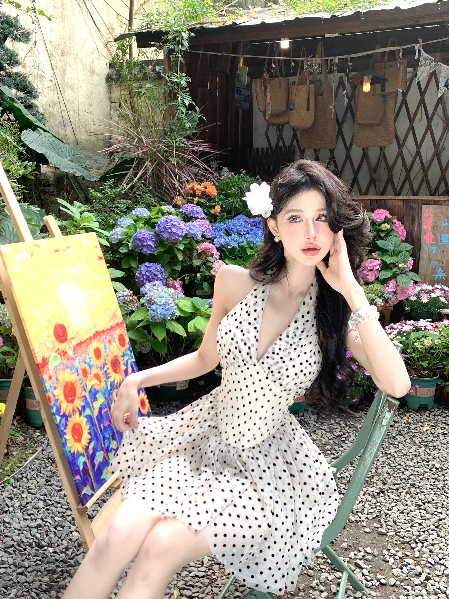 【25s Mar.】Polka Dot Fishbone V-Neck Halter Dress
