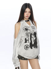 【25s Nov.】Spider Graffiti Off-Shoulder Long-Sleeve Sweatshirt