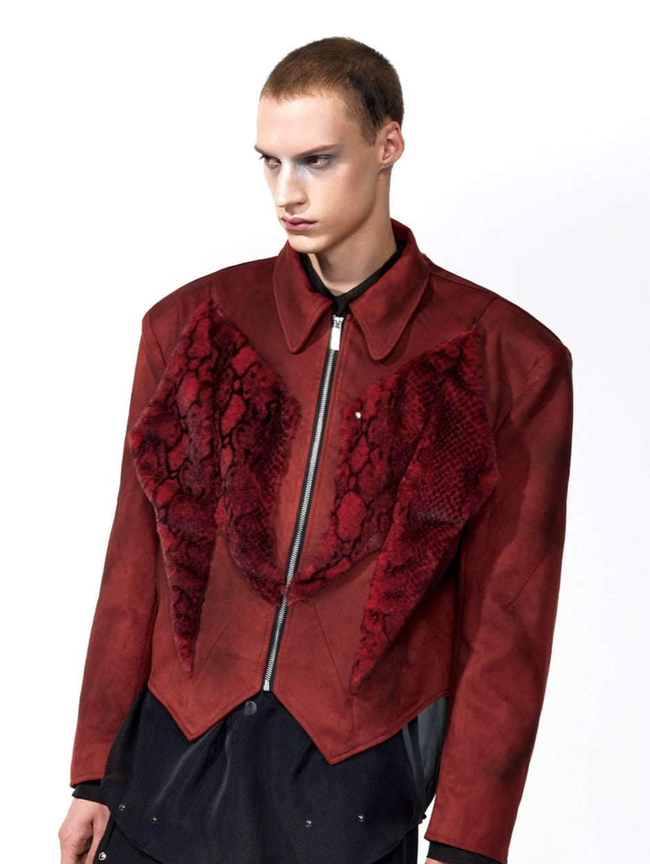 【25s Aug.】Red Snake Print Faux Fur Jacket