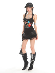 【25s Jun.】Starfish Rhinestone Lace Hollow-Out Asymmetrical Hem Tank Top
