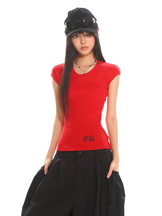 【25s Jun.】Crew Neck Stretch Knit Printed Letter Slim-Fit T-Shirt