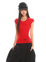 【25s Jun.】Crew Neck Stretch Knit Printed Letter Slim-Fit T-Shirt