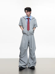 【25s Jul.】Stitching Contrast Color Hooded Short Sleeve Shirt / pants